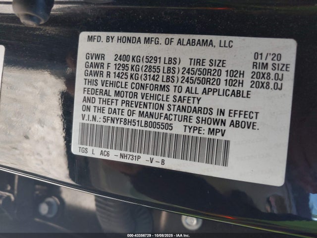 Honda j35y6 2020 5FNYF8H51LB005505 Image 9