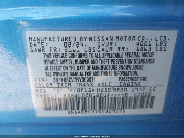 Продаж на аукціоні авто 2024 Nissan Sentra Sv Xtronic Cvt, vin: 3N1AB8CV7RY309071, номер лоту: 43356840