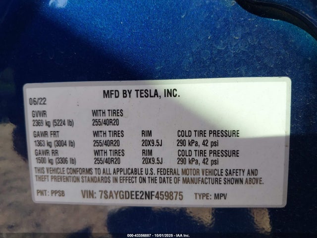 43356887 :رقم المزاد ، 7SAYGDEE2NF459875 vin ، 2022 Tesla Model Y Long Range Dual Motor All-wheel Drive مزاد بيع