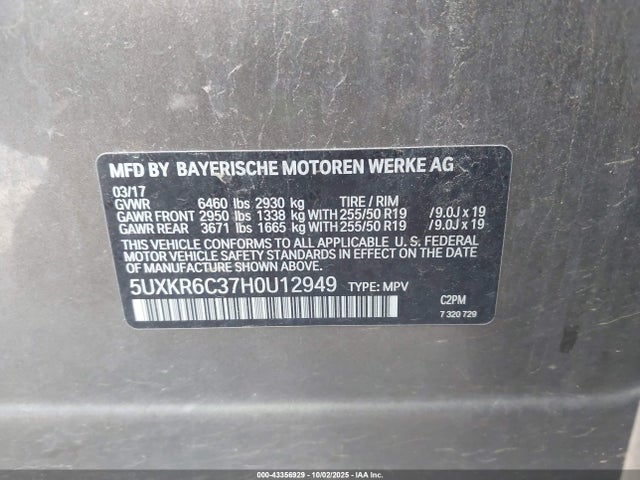 43356929 :رقم المزاد ، 5UXKR6C37H0U12949 vin ، 2017 Bmw X5 Xdrive50i مزاد بيع