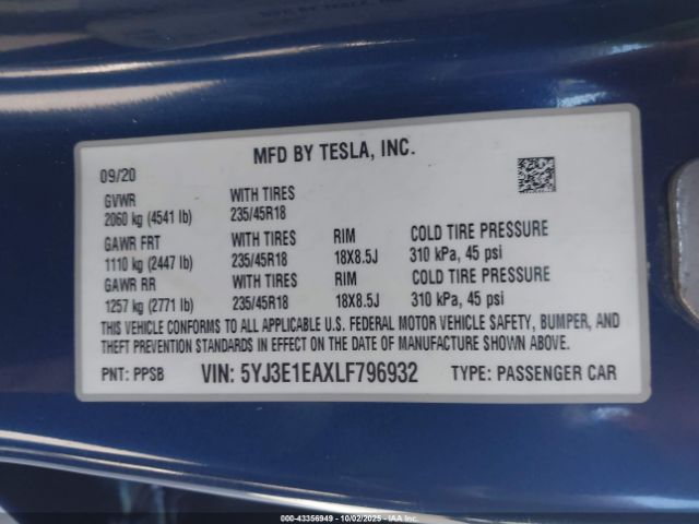 2020 TESLA MODEL 3 5YJ3E1EAXLF796932 Photo 8