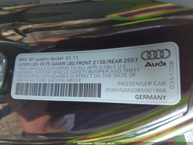 Продаж на аукціоні авто 2011 Audi R8 5.2, vin: WUAVNAFG0BN001966, номер лоту: 43357035