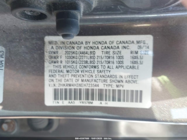 Honda k24z7 2014 2HKRM4H3XEH723544 Image 9