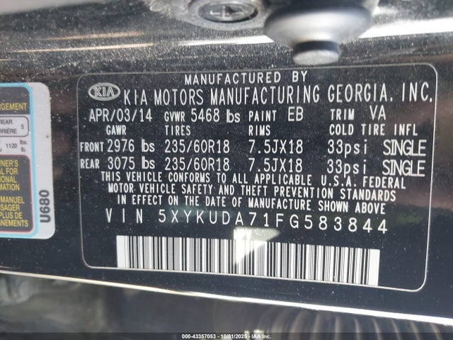 KIA gasoline 3.3 v6 gdi lambda ii 2015 5XYKUDA71FG583844 Image 9