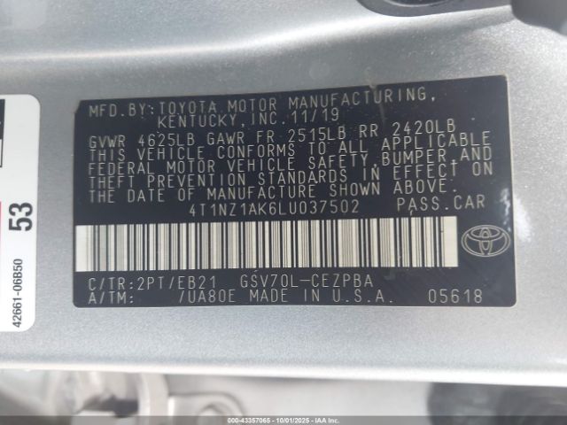 2020 TOYOTA CAMRY 4T1NZ1AK6LU037502 Photo 8