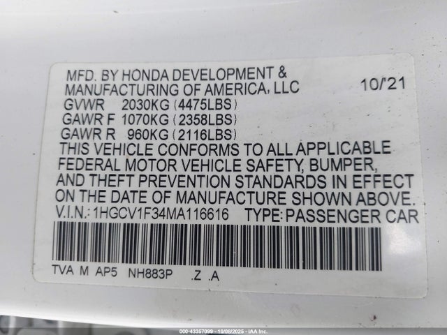 Aukcja sprzedaży 2021 Honda Accord Sport, vin: 1HGCV1F34MA116616, numer aukcji: 43357099