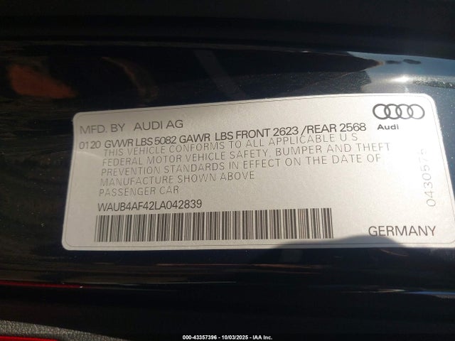 Продаж на аукціоні авто 2020 Audi S4 Premium Plus Tfsi Quattro Tiptronic, vin: WAUB4AF42LA042839, номер лоту: 43357396