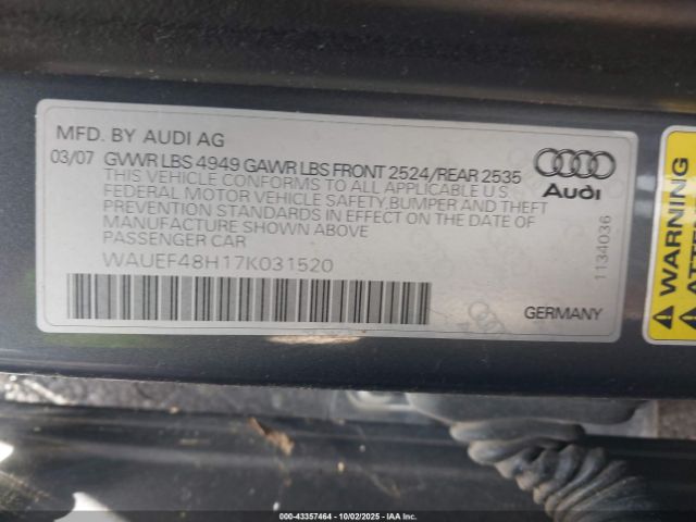 2007 AUDI A4 WAUEF48H17K031520 Photo 8