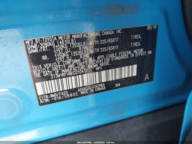 Toyota a25a-fks 2019 2T3W1RFV6KC010417 Image 9