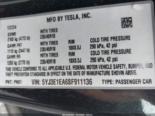 2025 TESLA MODEL 3 5YJ3E1EA6SF911136 Photo 8