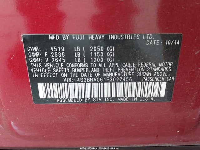 4S3BNAC61F3027456 Subaru 2.5l u5