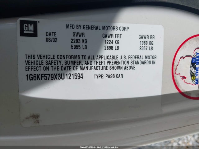 43357793 :رقم المزاد ، 1G6KF579X3U121594 vin ، 2003 Cadillac Deville Dts مزاد بيع