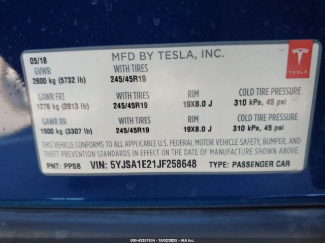 2018 TESLA MODEL S 5YJSA1E21JF258648 Photo 8
