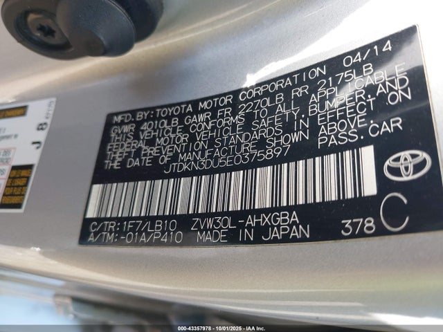 Toyota 2zr-fxe+3jm 2014 JTDKN3DU5E0375897 Image 9