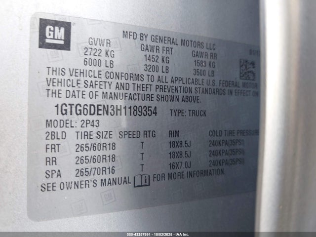 1GTG6DEN3H1189354 GMC lgz - di: direct injection, vvt: variable valve timing, alum, var2, gen 2