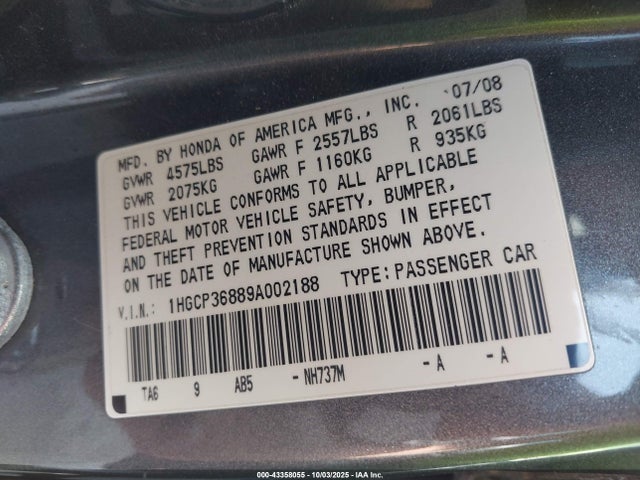 Aukcja sprzedaży 2009 Honda Accord Sdn 3.5 Ex-l/ex-l, vin: 1HGCP36889A002188, numer aukcji: 43358055