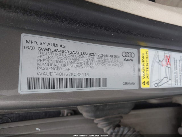 2007 AUDI A4 WAUDF48H67K032416 Photo 8