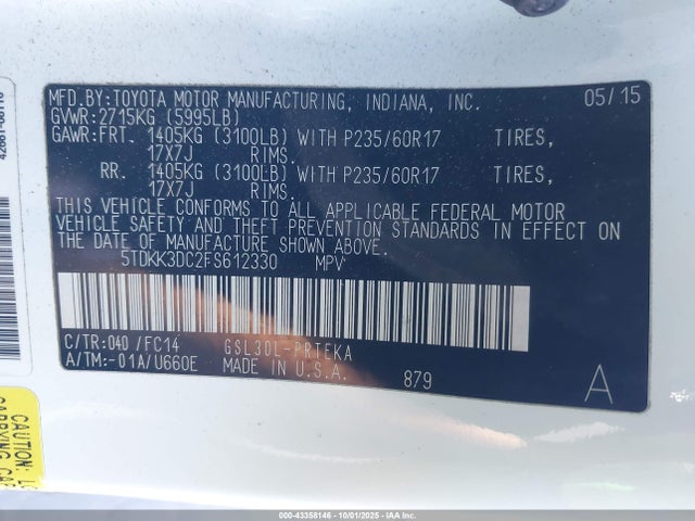 Продаж на аукціоні авто 2015 Toyota Sienna Le 8 Passenger, vin: 5TDKK3DC2FS612330, номер лоту: 43358146