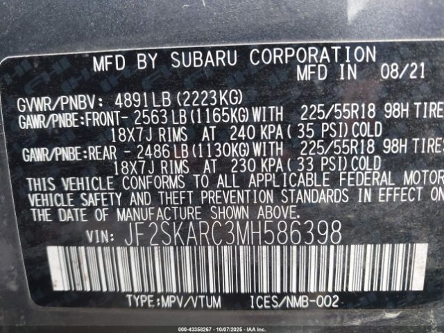 2021 SUBARU FORESTER JF2SKARC3MH586398 Photo 8