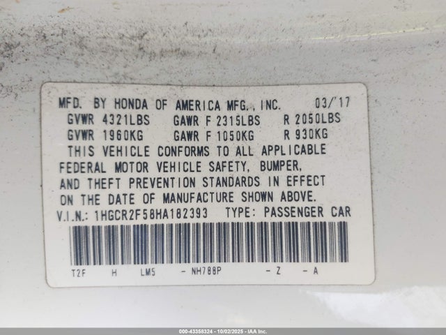1HGCR2F58HA182393 Honda k24w1