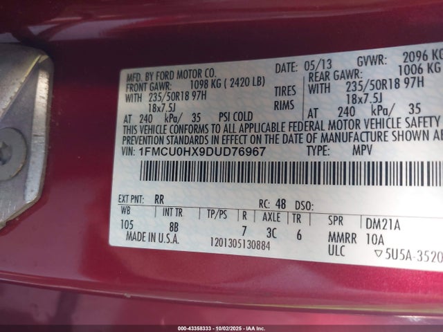 Продажа на аукционе авто 2013 Ford Escape Sel, vin: 1FMCU0HX9DUD76967, номер лота: 43358333