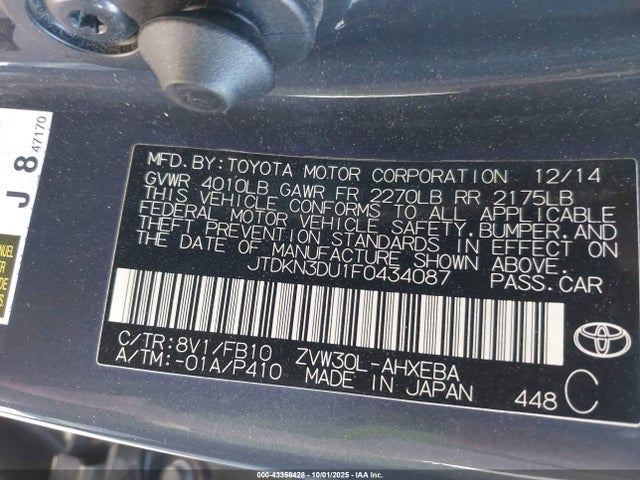 Toyota 2zr-fxe+3jm 2015 JTDKN3DU1F0434087 Image 9