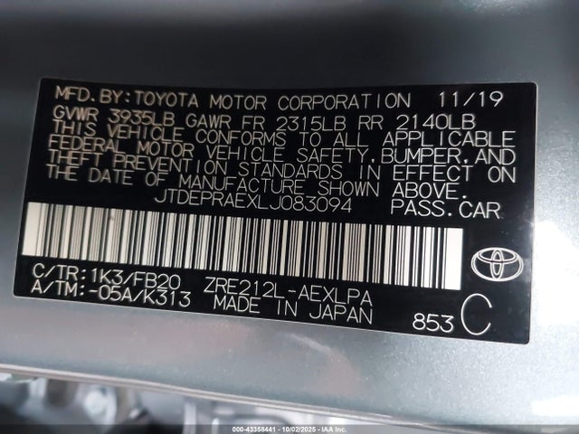 Aukcja sprzedaży 2020 Toyota Corolla Le, vin: JTDEPRAEXLJ083094, numer aukcji: 43358441