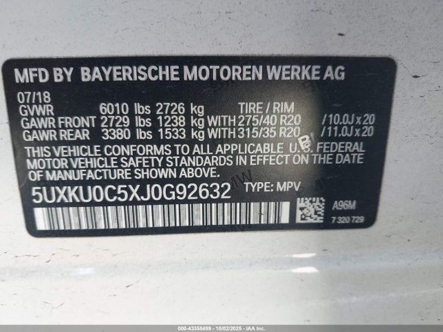 43358489 :رقم المزاد ، 5UXKU0C5XJ0G92632 vin ، 2018 Bmw X6 Sdrive35i مزاد بيع