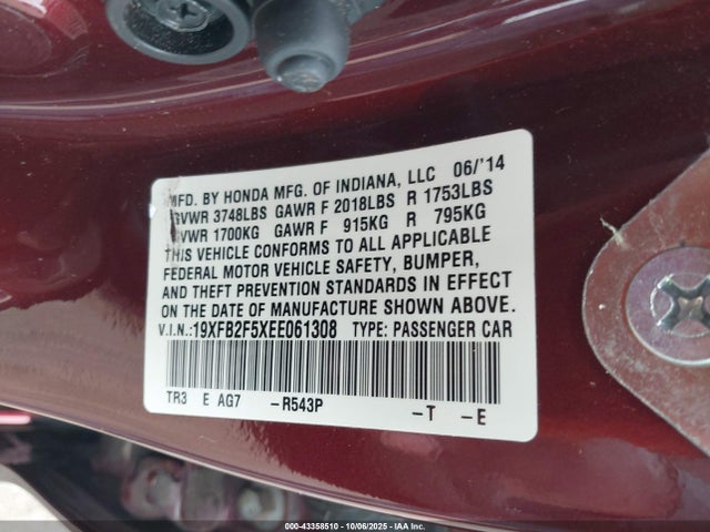 Honda r18z1 2014 19XFB2F5XEE061308 Image 9