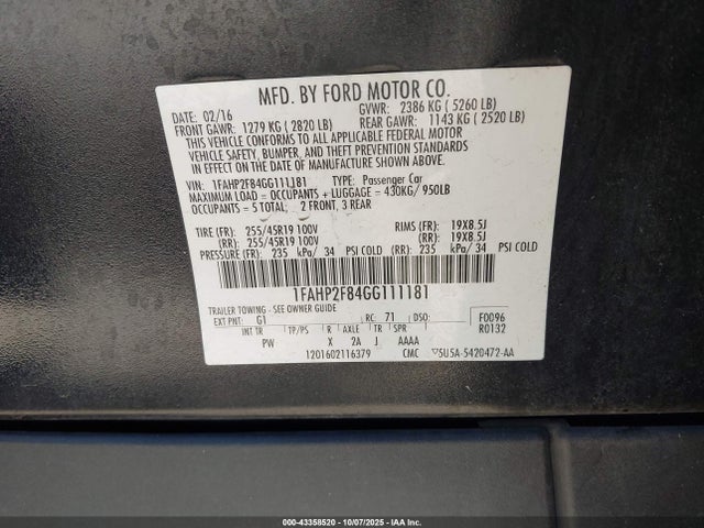 Ford Taurus 2016 1FAHP2F84GG111181 Image 9