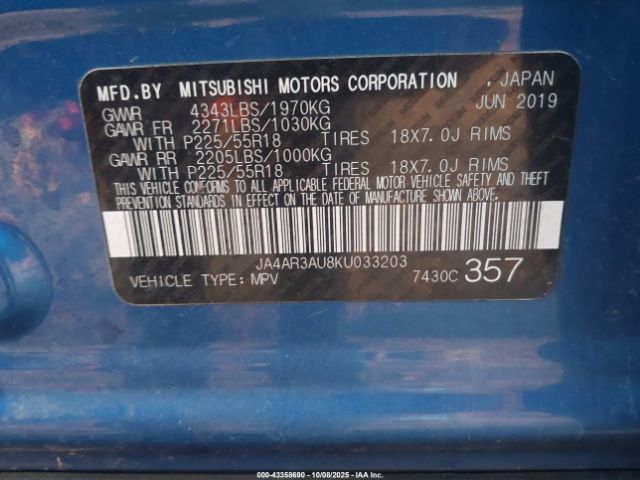 2019 MITSUBISHI OUTLANDER SPORT JA4AR3AU8KU033203 Photo 8