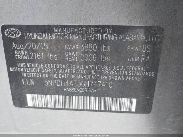 Hyundai dohc mpi nu 2016 5NPDH4AE3GH747410 Image 9
