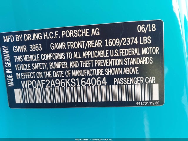 2019 PORSCHE 911 WP0AF2A96KS164064 Photo 8