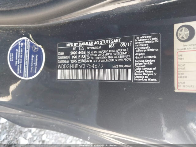Aukcja sprzedaży 2012 Mercedes-benz C 250, vin: WDDGJ4HB6CF754679, numer aukcji: 43358791