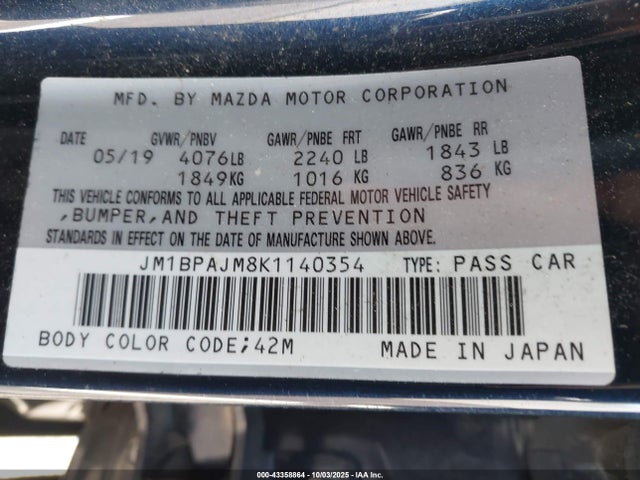 43358864 :رقم المزاد ، JM1BPAJM8K1140354 vin ، 2019 Mazda Mazda3 مزاد بيع