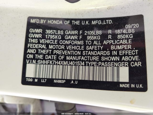 2021 HONDA CIVIC SHHFK7H4XMU401534 Photo 8