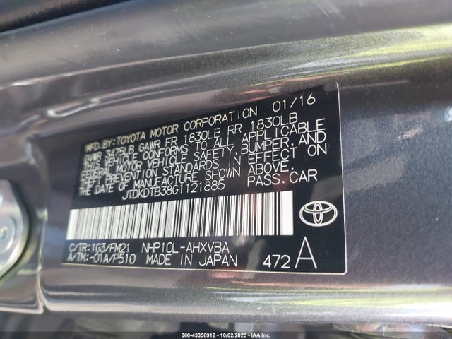 JTDKDTB38G1121885 Toyota 1nz-fxe+1lm