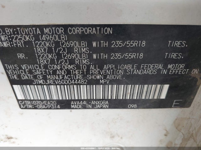 Toyota 2ar-fxe, 2jm+2fm 2016 JTMDJREV6GD044482 Image 9