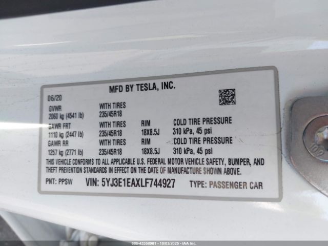 2020 TESLA MODEL 3 5YJ3E1EAXLF744927 Photo 8