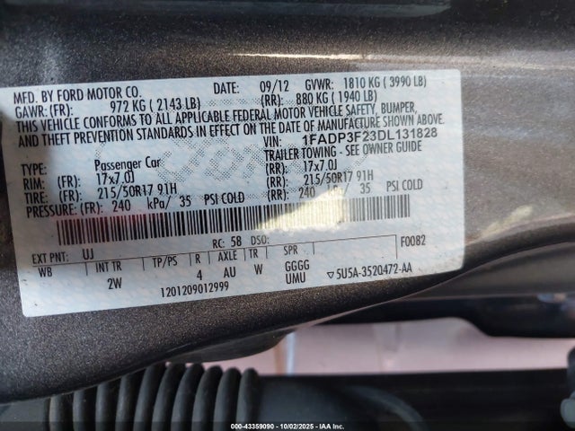 43359090 :رقم المزاد ، 1FADP3F23DL131828 vin ، 2013 Ford Focus Se مزاد بيع