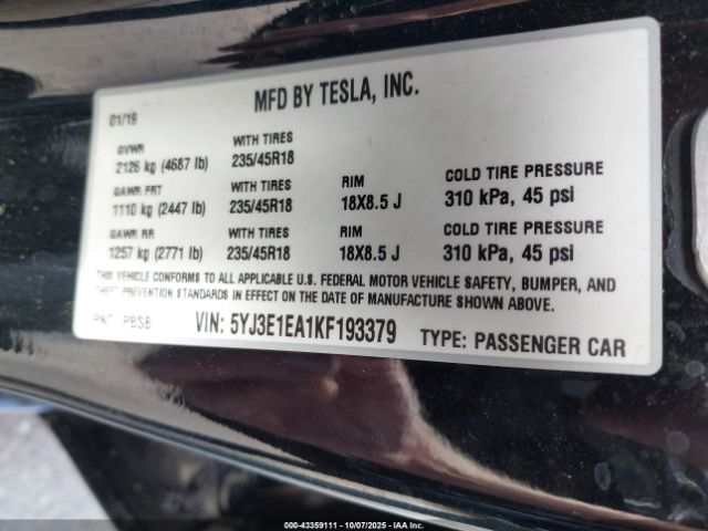 2019 TESLA MODEL 3 5YJ3E1EA1KF193379 Photo 8