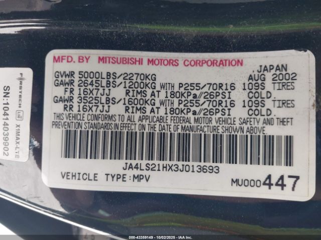 2003 MITSUBISHI MONTERO SPORT JA4LS21HX3J013693 Photo 8