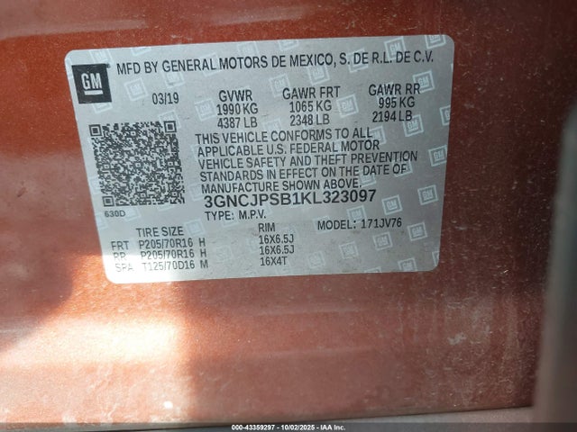 3GNCJPSB1KL323097 Chevrolet luv - mfi, variable valve timing, e85 max, alum