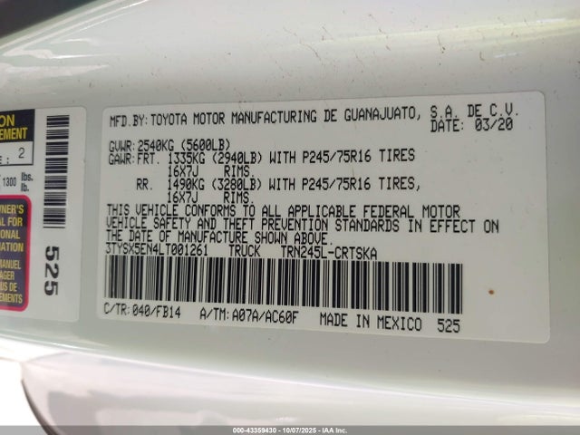 3TYSX5EN4LT001261 Toyota 2tr-fe