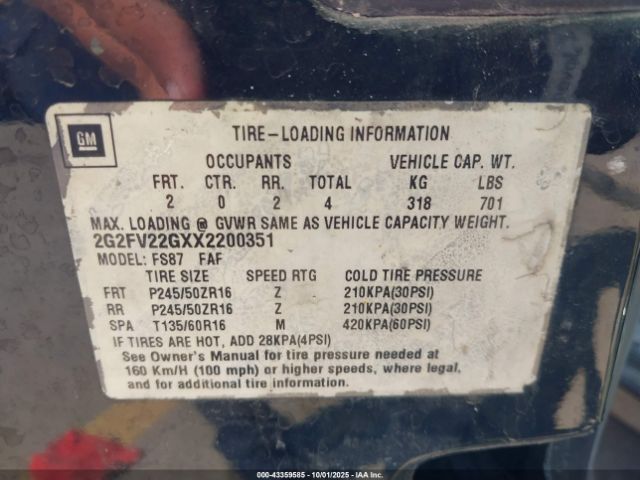 1999 PONTIAC FIREBIRD 2G2FV22GXX2200351 Photo 8