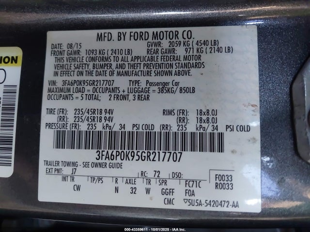 3FA6P0K95GR217707 Ford 2016