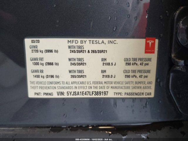 2020 TESLA MODEL S 5YJSA1E47LF389197 Photo 8