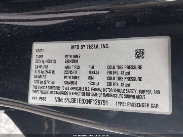 2022 TESLA MODEL 3 5YJ3E1EBXNF129791 Photo 8