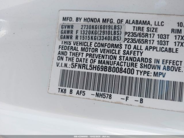 2011 HONDA ODYSSEY 5FNRL5H69BB008400 Photo 8