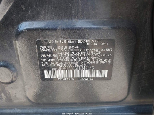 JF2GPAGC6EH342546 Subaru 2.0l na